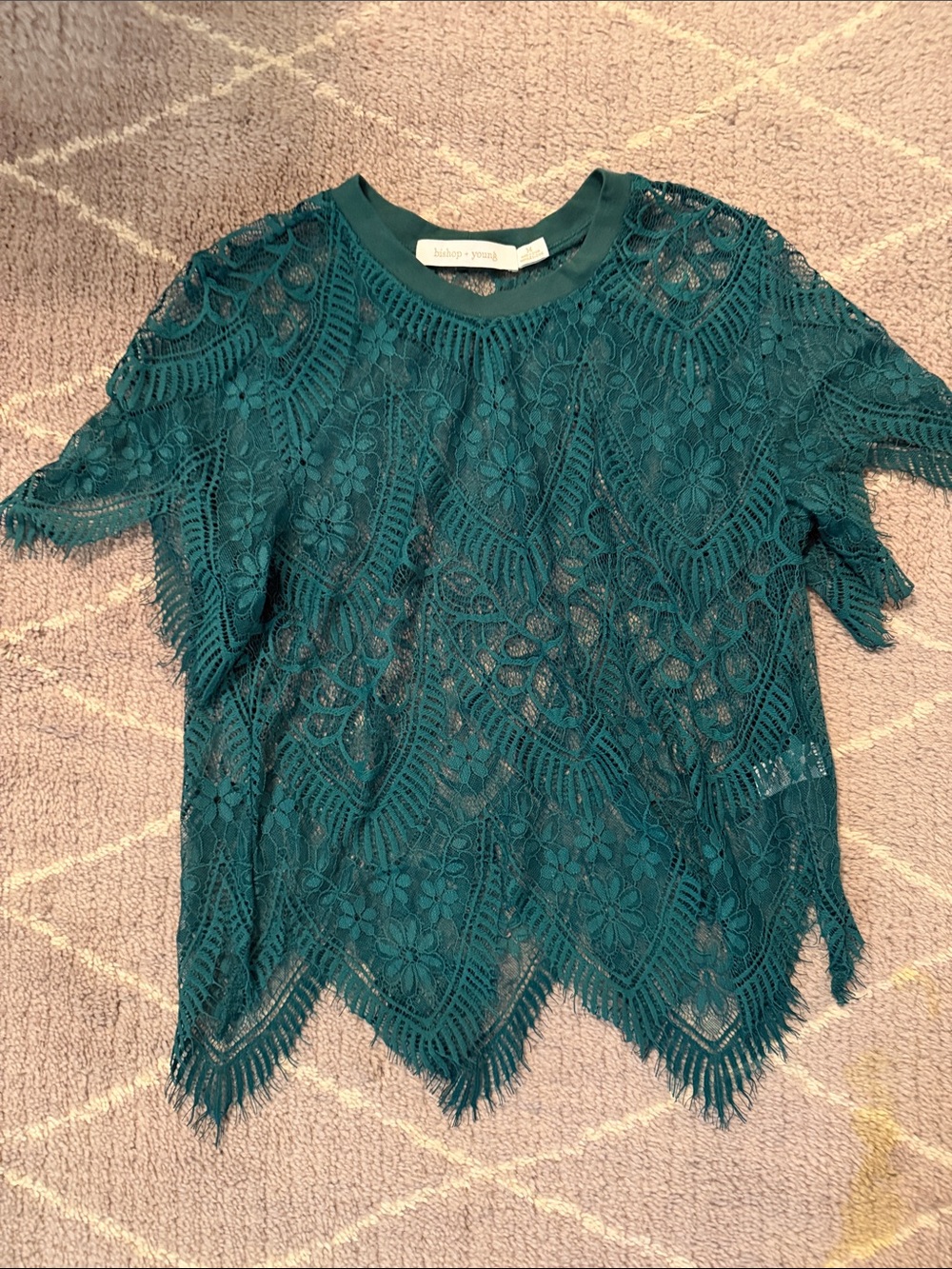 bishop + young Teal Floral Lace Short Sleeve Top